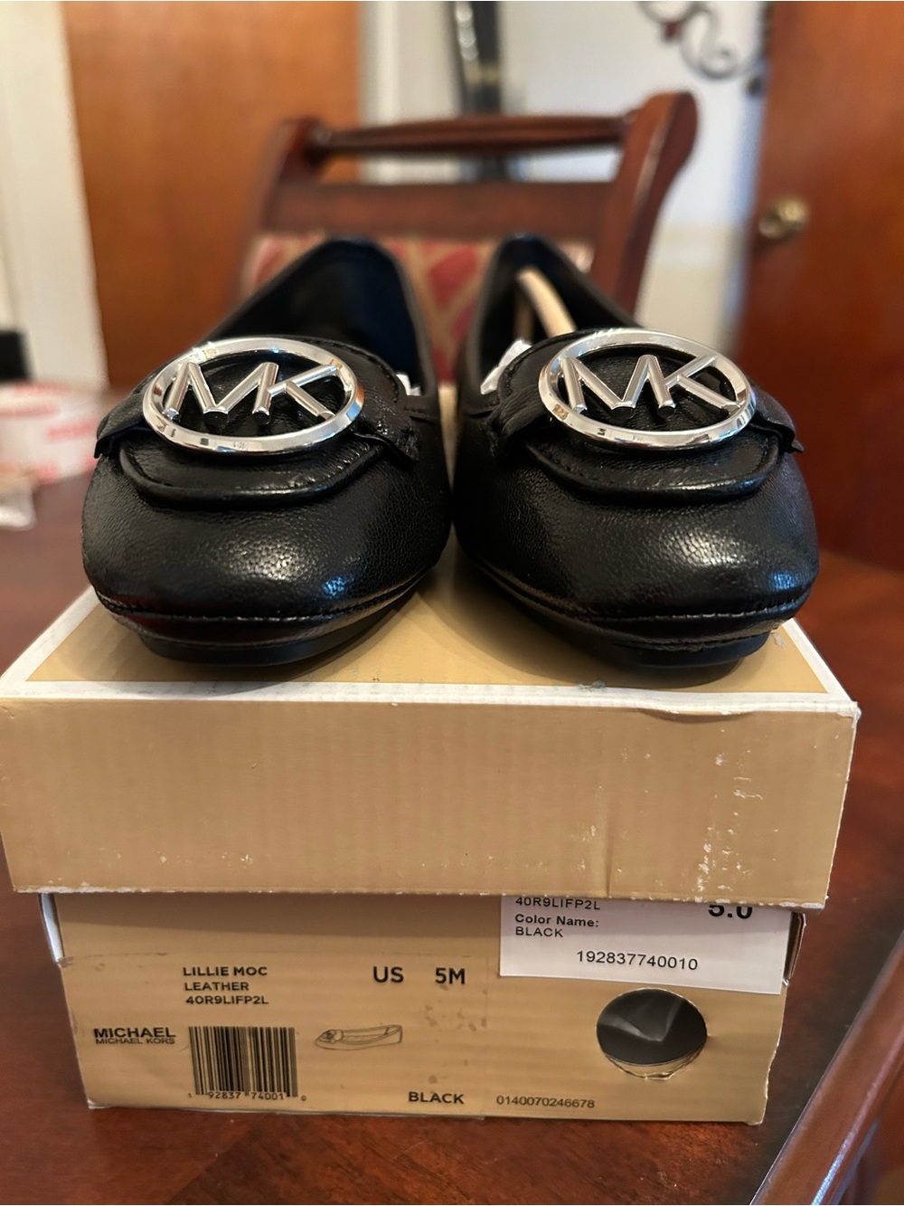 Michael Kors Black Leather Lillie Moccasin Flats with Silver MK Logo